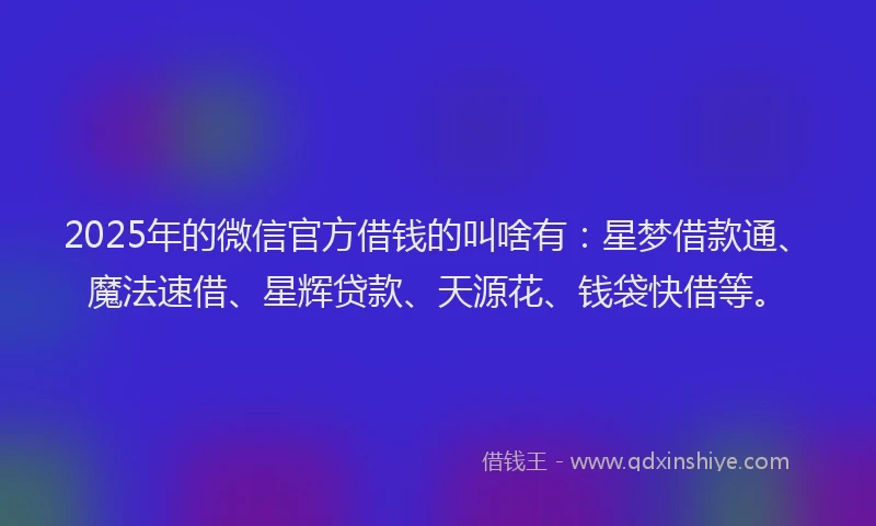 2025年的微信官方借钱的叫啥有：星梦借款通、魔法速借、星辉贷款、天源花、钱袋快借等。