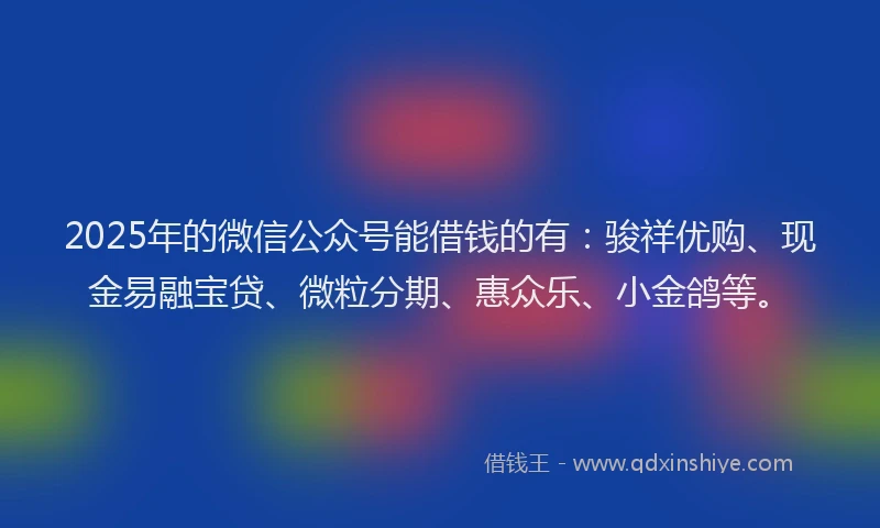 2025年的微信公众号能借钱的有：骏祥优购、现金易融宝贷、微粒分期、惠众乐、小金鸽等。