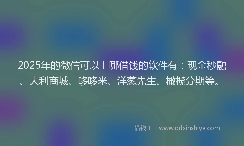 2025年的微信可以上哪借钱的软件有：现金秒融、大利商城、哆哆米、洋葱先生、橄榄分期等。
