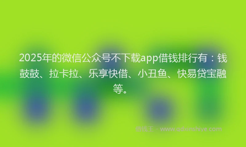 2025年的微信公众号不下载app借钱排行有：钱鼓鼓、拉卡拉、乐享快借、小丑鱼、快易贷宝融等。