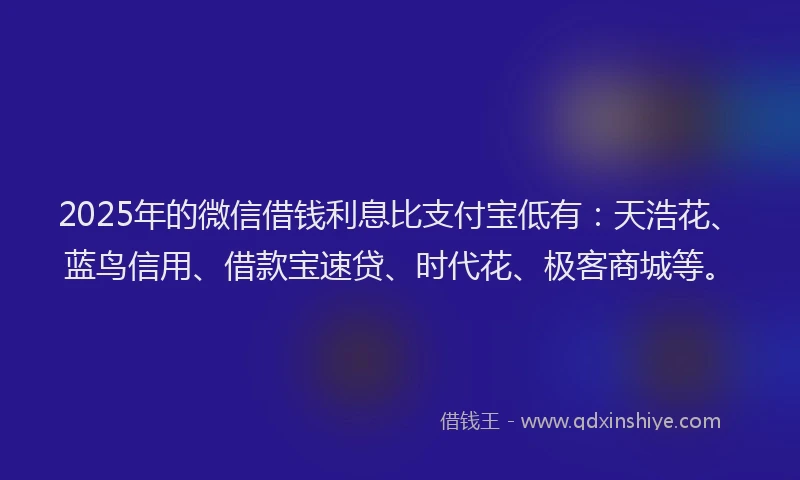 2025年的微信借钱利息比支付宝低有：天浩花、蓝鸟信用、借款宝速贷、时代花、极客商城等。