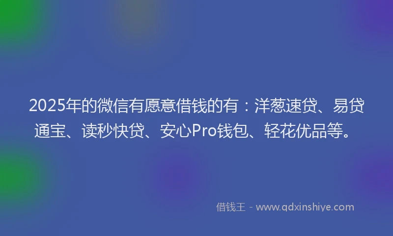 2025年的微信有愿意借钱的有：洋葱速贷、易贷通宝、读秒快贷、安心Pro钱包、轻花优品等。