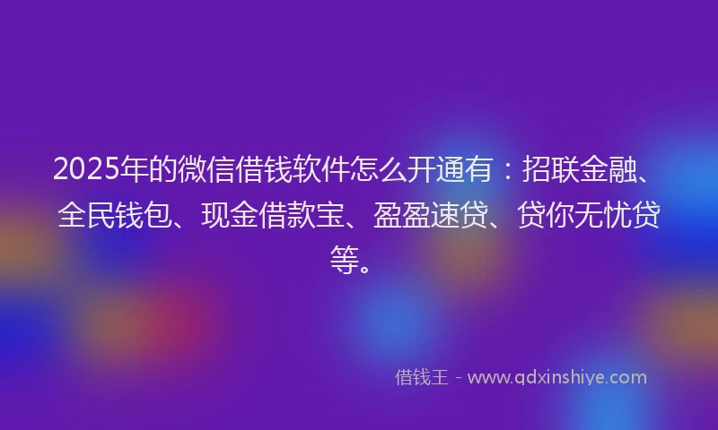 2025年的微信借钱软件怎么开通有：招联金融、全民钱包、现金借款宝、盈盈速贷、贷你无忧贷等。