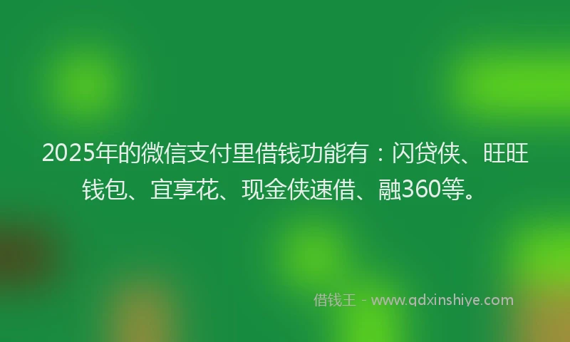 2025年的微信支付里借钱功能有：闪贷侠、旺旺钱包、宜享花、现金侠速借、融360等。