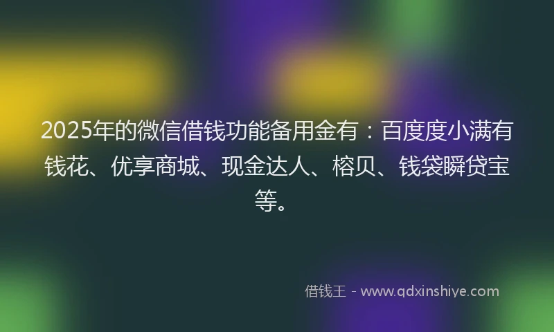2025年的微信借钱功能备用金有：百度度小满有钱花、优享商城、现金达人、榕贝、钱袋瞬贷宝等。