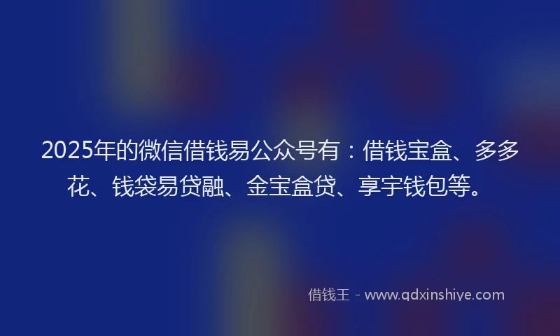 2025年的微信借钱易公众号有：借钱宝盒、多多花、钱袋易贷融、金宝盒贷、享宇钱包等。