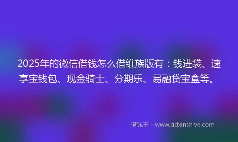 2025年的微信借钱怎么借维族版有：钱进袋、速享宝钱包、现金骑士、分期乐、易融贷宝盒等。