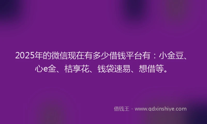2025年的微信现在有多少借钱平台有：小金豆、心e金、桔享花、钱袋速易、想借等。