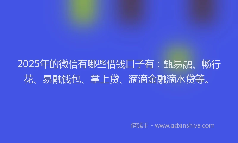 2025年的微信有哪些借钱口子有：甄易融、畅行花、易融钱包、掌上贷、滴滴金融滴水贷等。