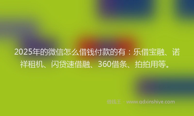 2025年的微信怎么借钱付款的有：乐借宝融、诺祥租机、闪贷速借融、360借条、拍拍用等。
