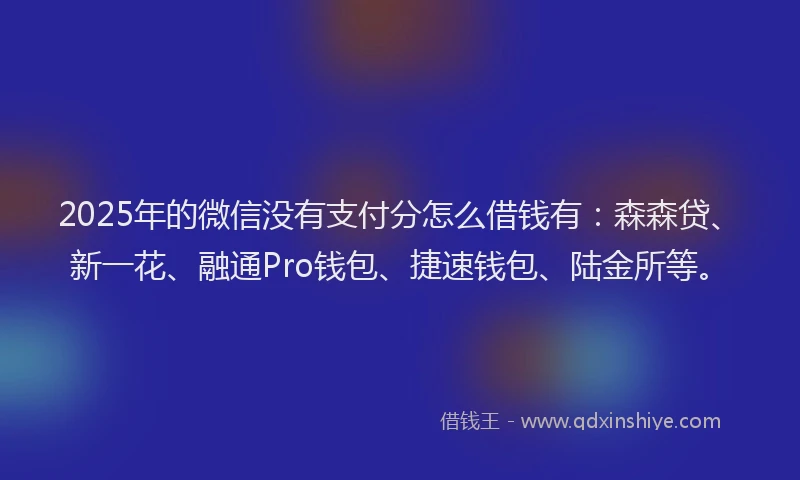 2025年的微信没有支付分怎么借钱有：森森贷、新一花、融通Pro钱包、捷速钱包、陆金所等。