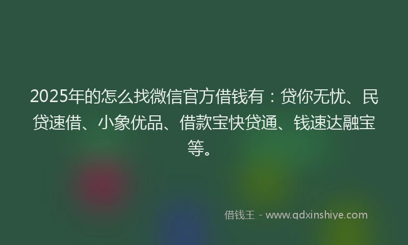 2025年的怎么找微信官方借钱有：贷你无忧、民贷速借、小象优品、借款宝快贷通、钱速达融宝等。