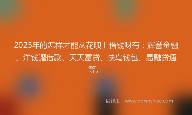 2025年的怎样才能从花呗上借钱呀有：辉誉金融、洋钱罐借款、天天富贷、快鸟钱包、易融贷通等。