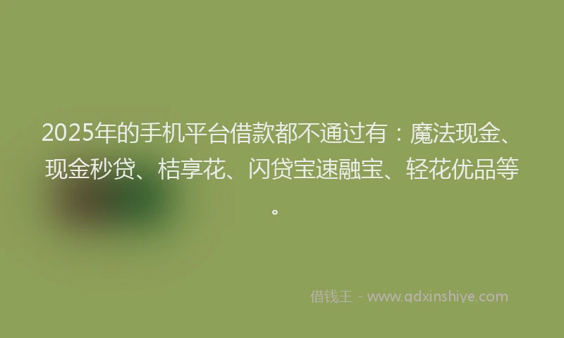 2025年的手机平台借款都不通过有：魔法现金、现金秒贷、桔享花、闪贷宝速融宝、轻花优品等。