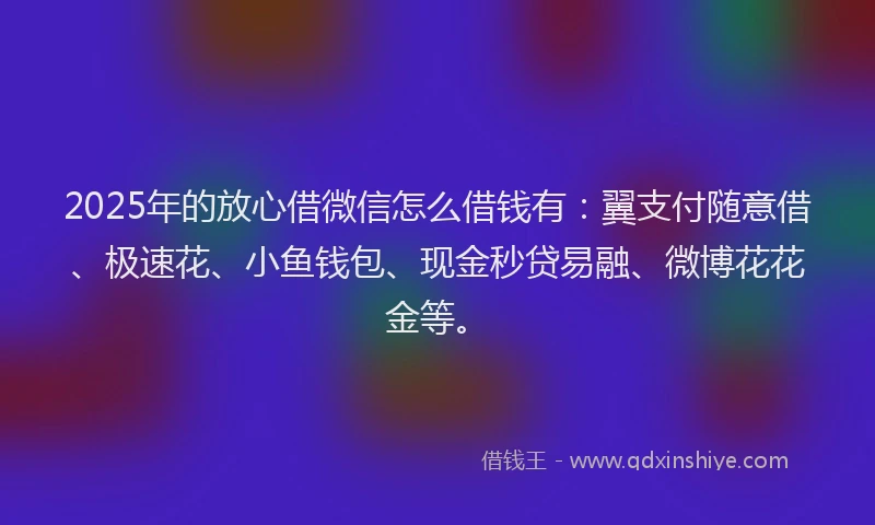 2025年的放心借微信怎么借钱有：翼支付随意借、极速花、小鱼钱包、现金秒贷易融、微博花花金等。