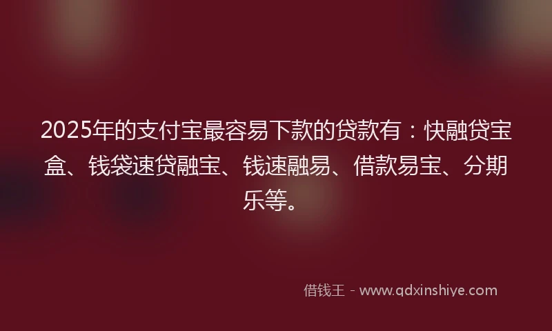 2025年的支付宝最容易下款的贷款有：快融贷宝盒、钱袋速贷融宝、钱速融易、借款易宝、分期乐等。