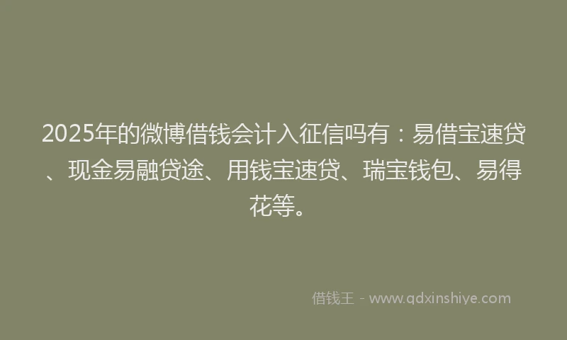 2025年的微博借钱会计入征信吗有：易借宝速贷、现金易融贷途、用钱宝速贷、瑞宝钱包、易得花等。