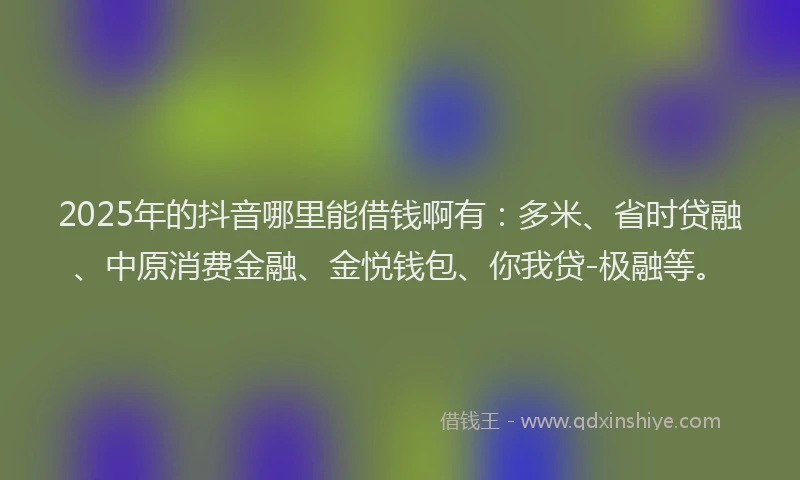 2025年的抖音哪里能借钱啊有：多米、省时贷融、中原消费金融、金悦钱包、你我贷-极融等。