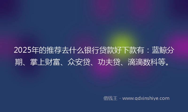 2025年的推荐去什么银行贷款好下款有：蓝鲸分期、掌上财富、众安贷、功夫贷、滴滴数科等。