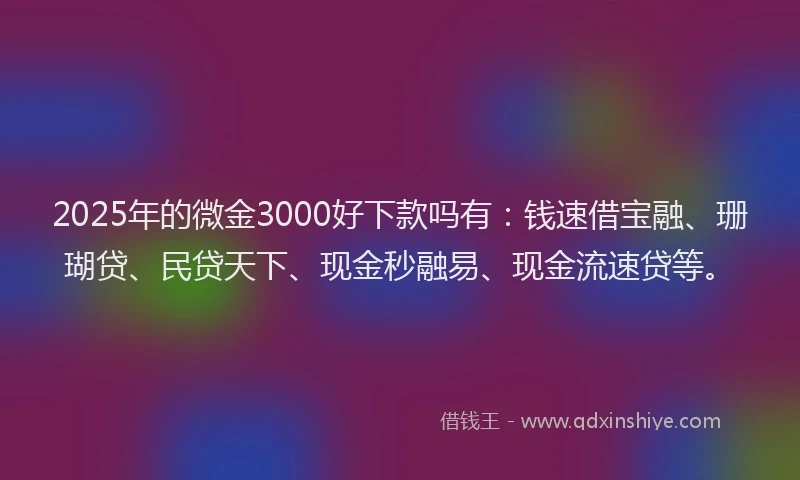 2025年的微金3000好下款吗有：钱速借宝融、珊瑚贷、民贷天下、现金秒融易、现金流速贷等。