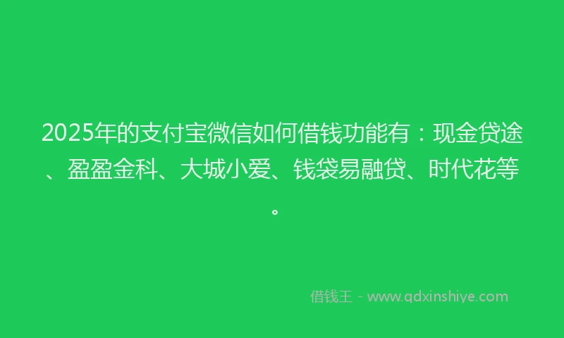2025年的支付宝微信如何借钱功能有：现金贷途、盈盈金科、大城小爱、钱袋易融贷、时代花等。