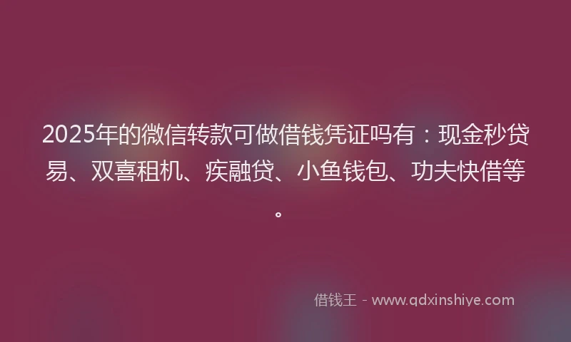 2025年的微信转款可做借钱凭证吗有：现金秒贷易、双喜租机、疾融贷、小鱼钱包、功夫快借等。