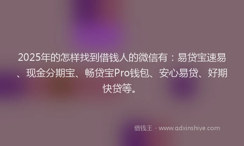 2025年的怎样找到借钱人的微信有：易贷宝速易、现金分期宝、畅贷宝Pro钱包、安心易贷、好期快贷等。