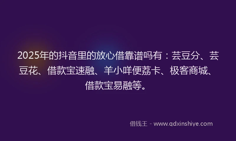 2025年的抖音里的放心借靠谱吗有：芸豆分、芸豆花、借款宝速融、羊小咩便荔卡、极客商城、借款宝易融等。