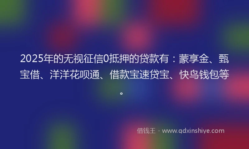 2025年的无视征信0抵押的贷款有：蒙享金、甄宝借、洋洋花呗通、借款宝速贷宝、快鸟钱包等。