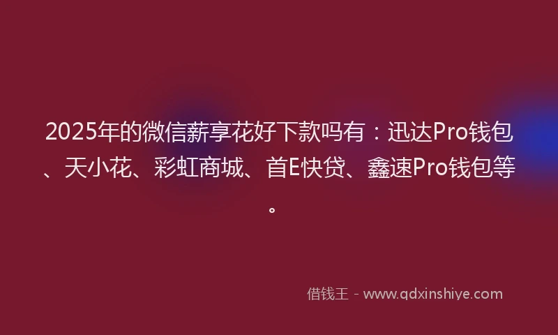 2025年的微信薪享花好下款吗有：迅达Pro钱包、天小花、彩虹商城、首E快贷、鑫速Pro钱包等。