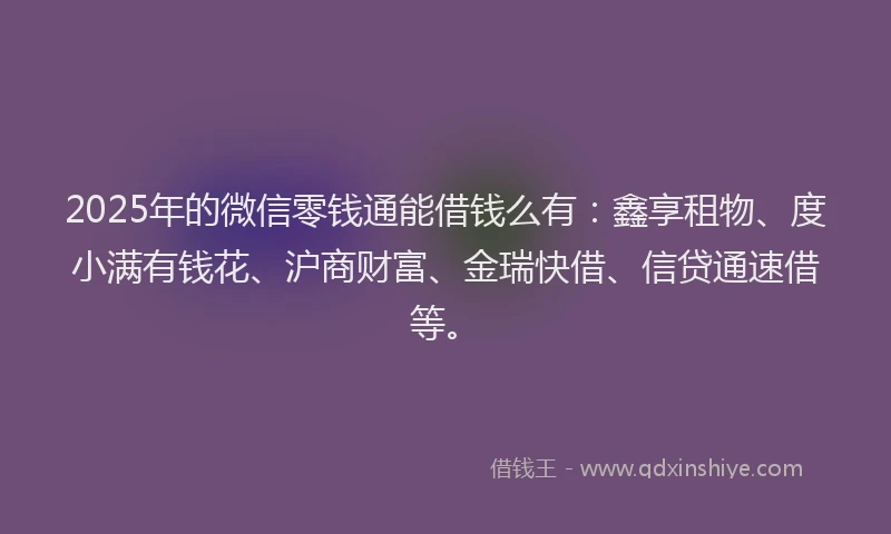 2025年的微信零钱通能借钱么有：鑫享租物、度小满有钱花、沪商财富、金瑞快借、信贷通速借等。