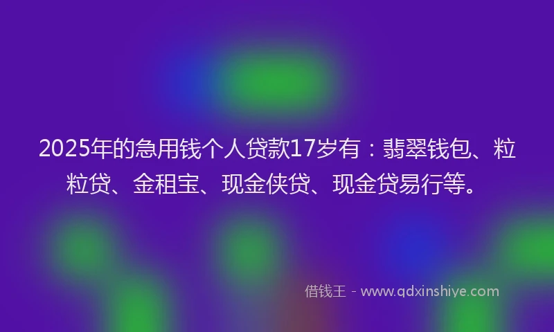 2025年的急用钱个人贷款17岁有：翡翠钱包、粒粒贷、金租宝、现金侠贷、现金贷易行等。
