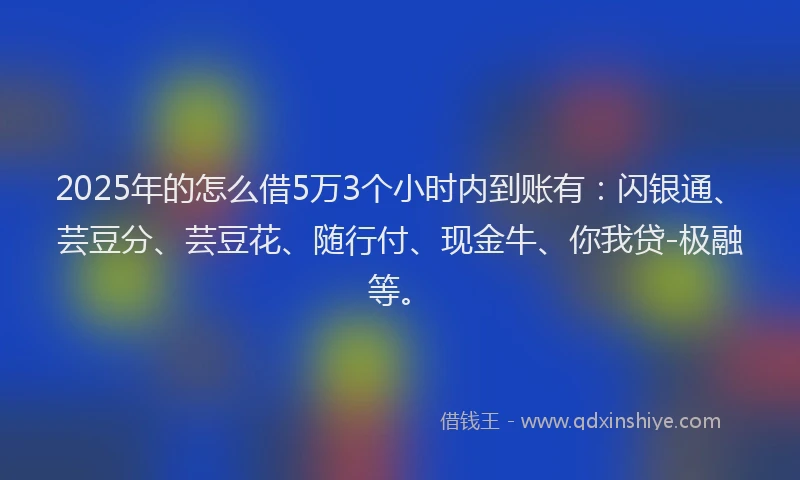 2025年的怎么借5万3个小时内到账有：闪银通、芸豆分、芸豆花、随行付、现金牛、你我贷-极融等。