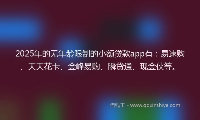 2025年的无年龄限制的小额贷款app有：易速购、天天花卡、金峰易购、瞬贷通、现金侠等。