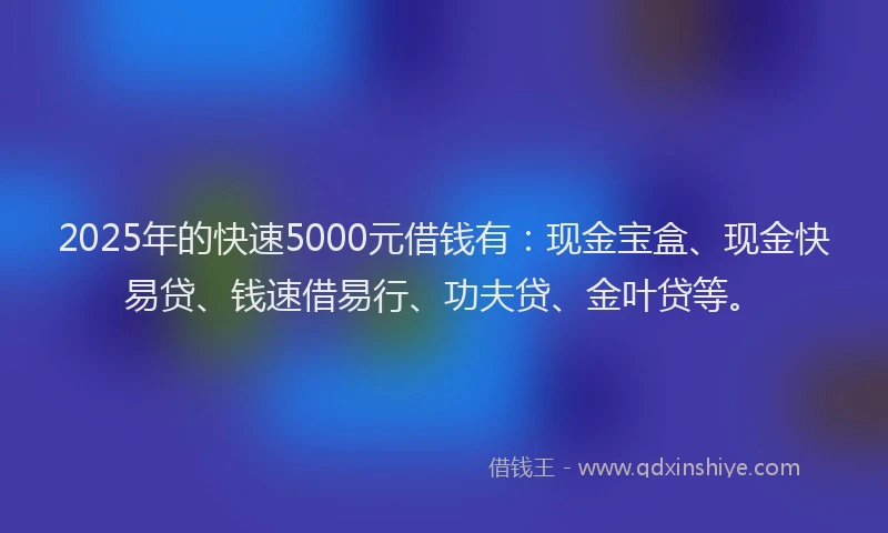 2025年的快速5000元借钱有：现金宝盒、现金快易贷、钱速借易行、功夫贷、金叶贷等。