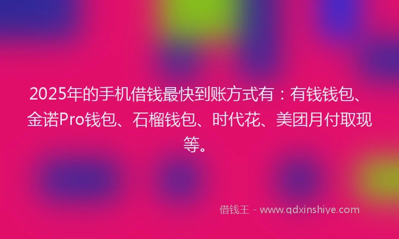 2025年的手机借钱最快到账方式有：有钱钱包、金诺Pro钱包、石榴钱包、时代花、美团月付取现等。