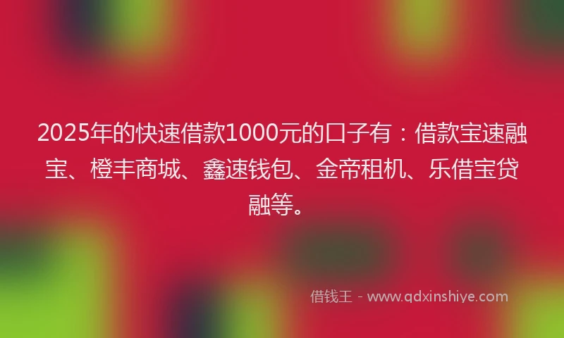 2025年的快速借款1000元的口子有：借款宝速融宝、橙丰商城、鑫速钱包、金帝租机、乐借宝贷融等。