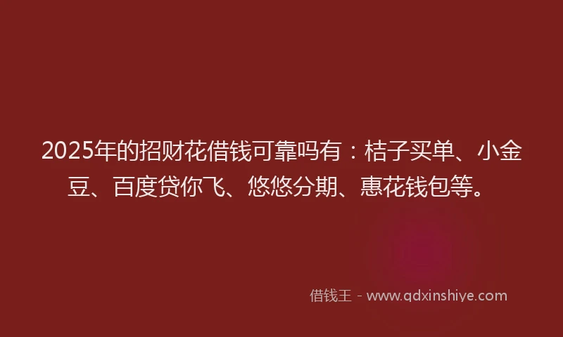 2025年的招财花借钱可靠吗有：桔子买单、小金豆、百度贷你飞、悠悠分期、惠花钱包等。