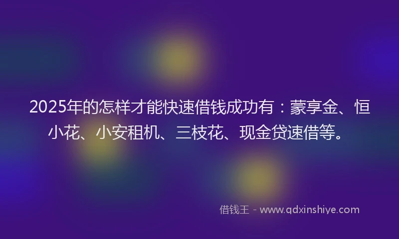 2025年的怎样才能快速借钱成功有：蒙享金、恒小花、小安租机、三枝花、现金贷速借等。