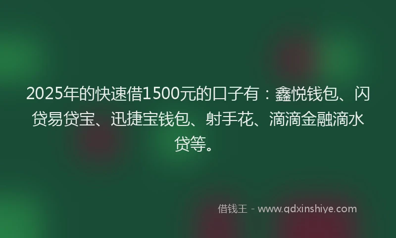 2025年的快速借1500元的口子有：鑫悦钱包、闪贷易贷宝、迅捷宝钱包、射手花、滴滴金融滴水贷等。