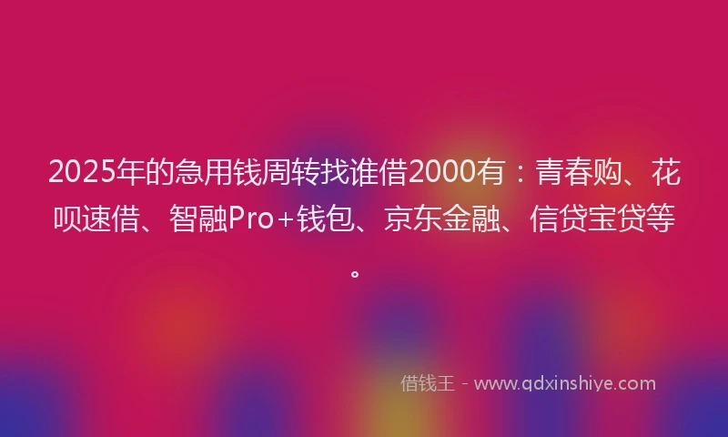 2025年的急用钱周转找谁借2000有：青春购、花呗速借、智融Pro+钱包、京东金融、信贷宝贷等。