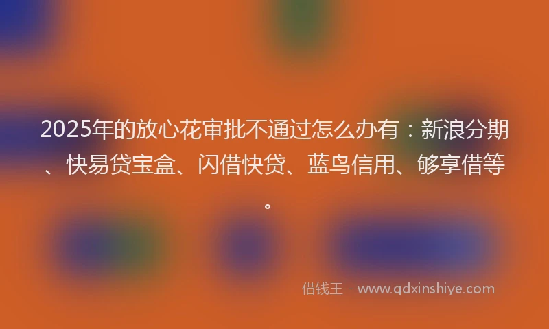 2025年的放心花审批不通过怎么办有：新浪分期、快易贷宝盒、闪借快贷、蓝鸟信用、够享借等。