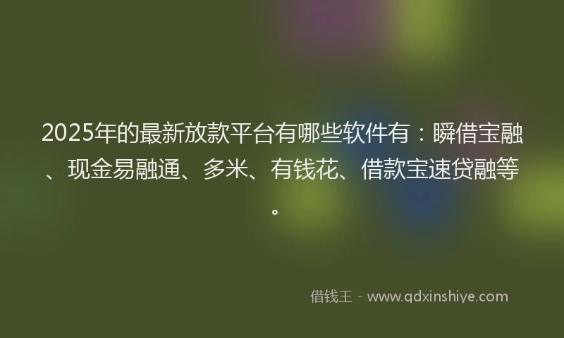 2025年的最新放款平台有哪些软件有：瞬借宝融、现金易融通、多米、有钱花、借款宝速贷融等。