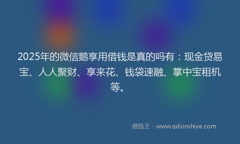 2025年的微信鹅享用借钱是真的吗有：现金贷易宝、人人聚财、享来花、钱袋速融、掌中宝租机等。