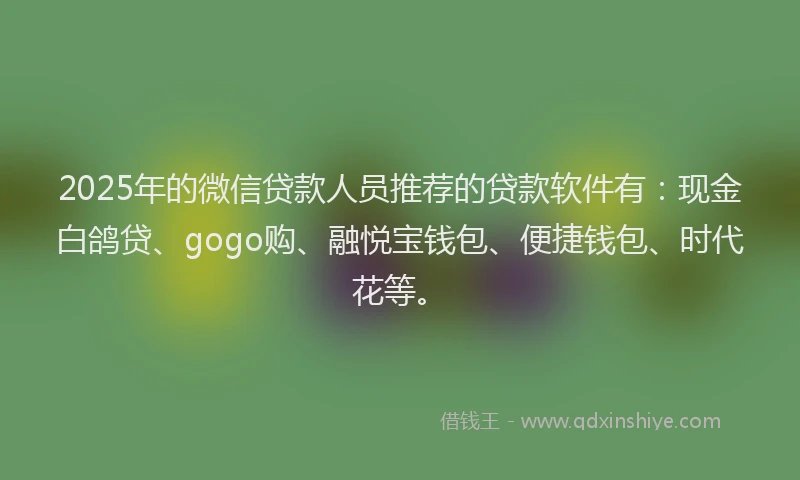 2025年的微信贷款人员推荐的贷款软件有：现金白鸽贷、gogo购、融悦宝钱包、便捷钱包、时代花等。