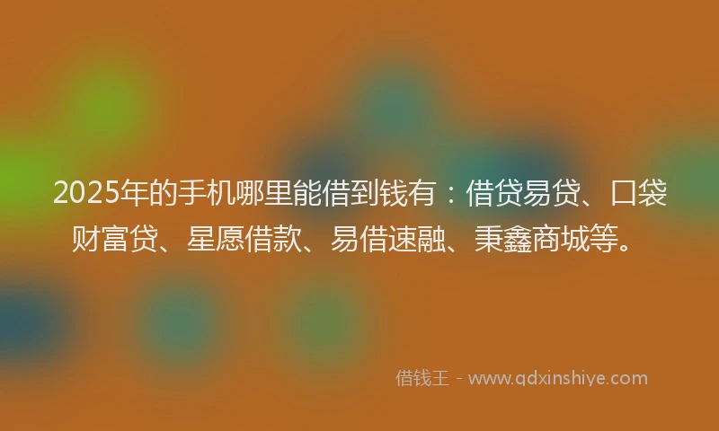 2025年的手机哪里能借到钱有：借贷易贷、口袋财富贷、星愿借款、易借速融、秉鑫商城等。