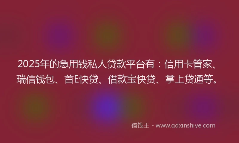 2025年的急用钱私人贷款平台有：信用卡管家、瑞信钱包、首E快贷、借款宝快贷、掌上贷通等。