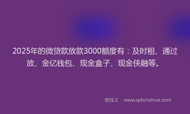 2025年的微贷款放款3000额度有：及时租、通过放、金亿钱包、现金盒子、现金侠融等。