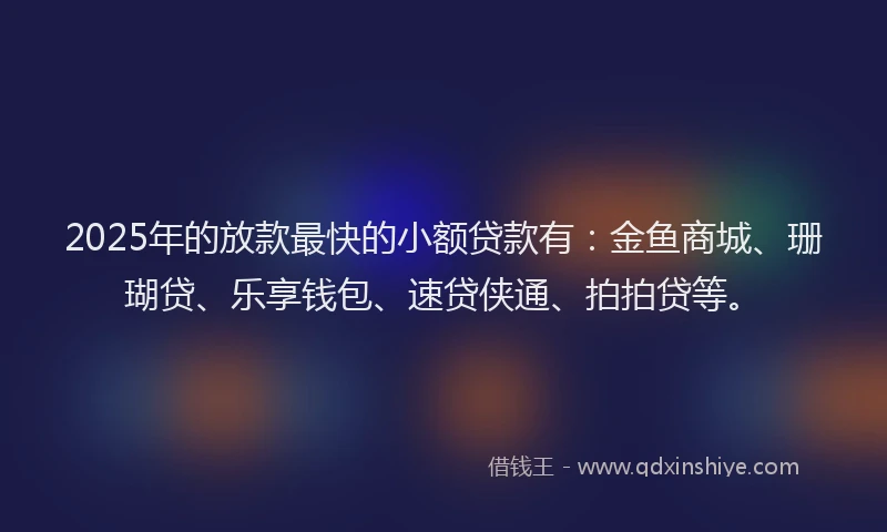 2025年的放款最快的小额贷款有：金鱼商城、珊瑚贷、乐享钱包、速贷侠通、拍拍贷等。