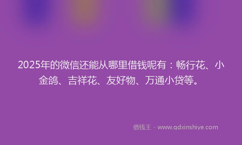 2025年的微信还能从哪里借钱呢有：畅行花、小金鸽、吉祥花、友好物、万通小贷等。